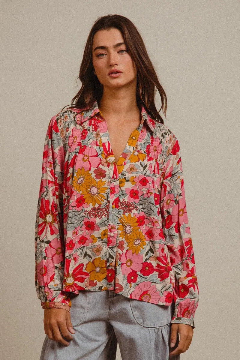 BiBi Tropical Floral Button-Up Blouse Vibrant Long Sleeve Relaxed Fit Top - NeoKira Unlimited