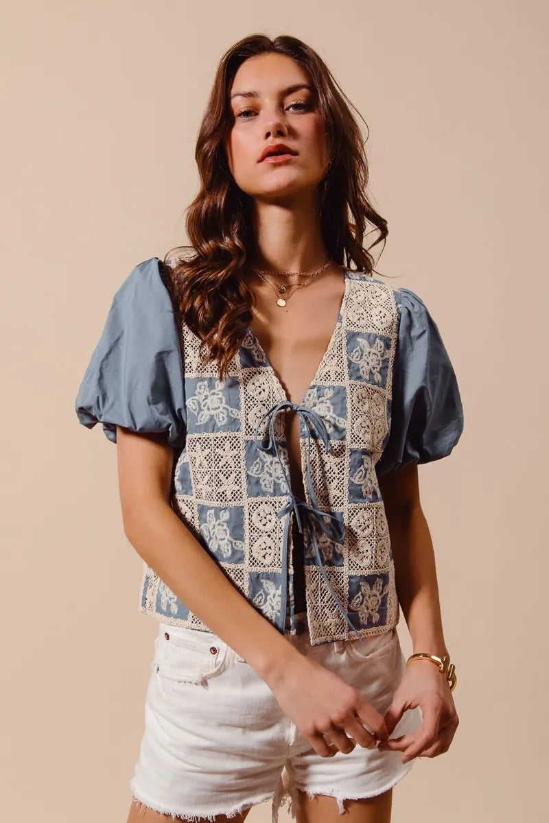 SO ME Boho Patchwork Tie Front Puff Sleeve V Neck Cropped Blouse - NeoKira Unlimited