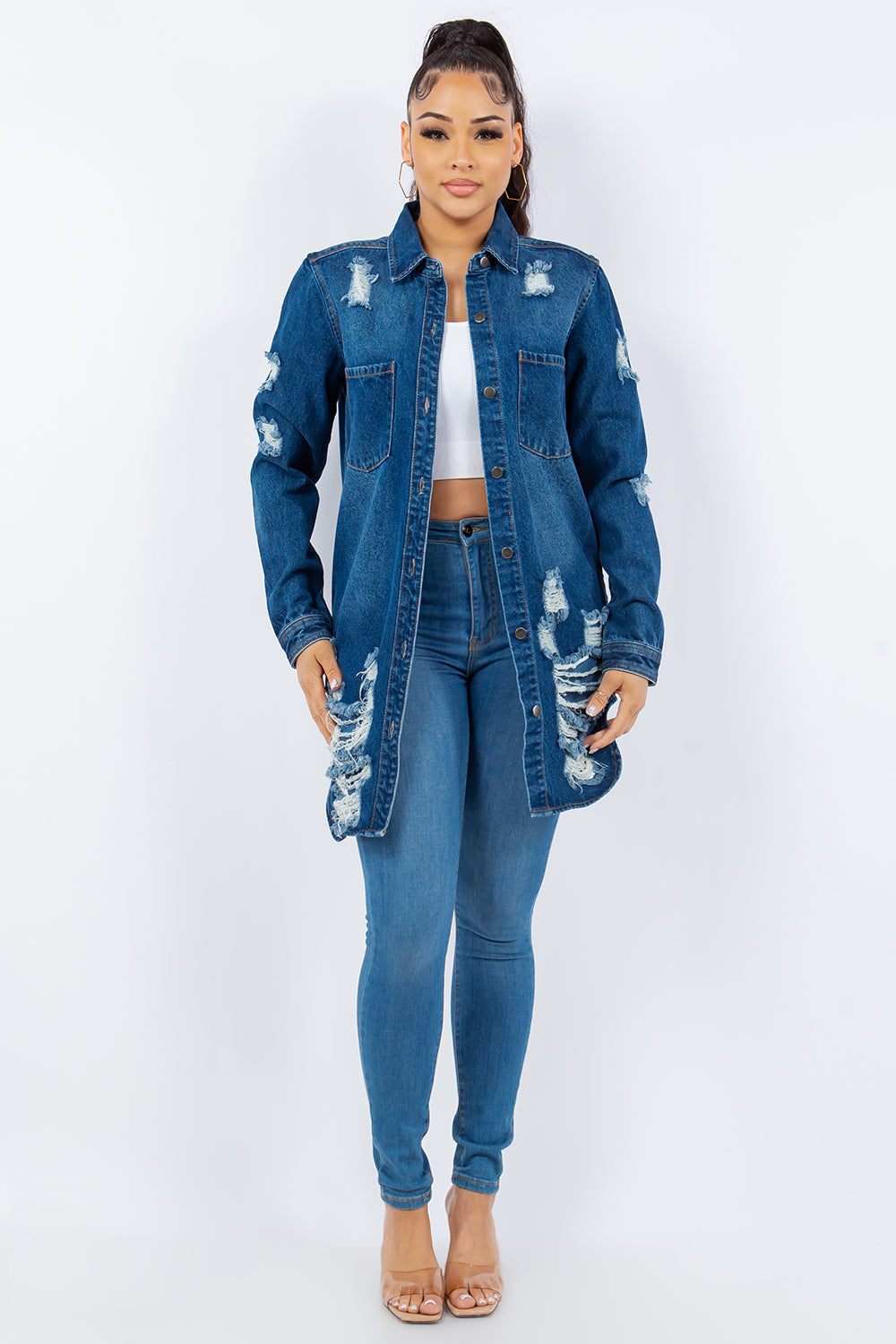 American Bazi Distressed Button Up Long Sleeve Denim Jacket - NeoKira Unlimited