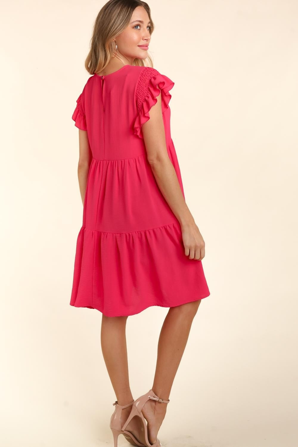 Haptics Full Size Smocking Ruffle Short Sleeve Dress with Pockets Mini Dress Trendsi   