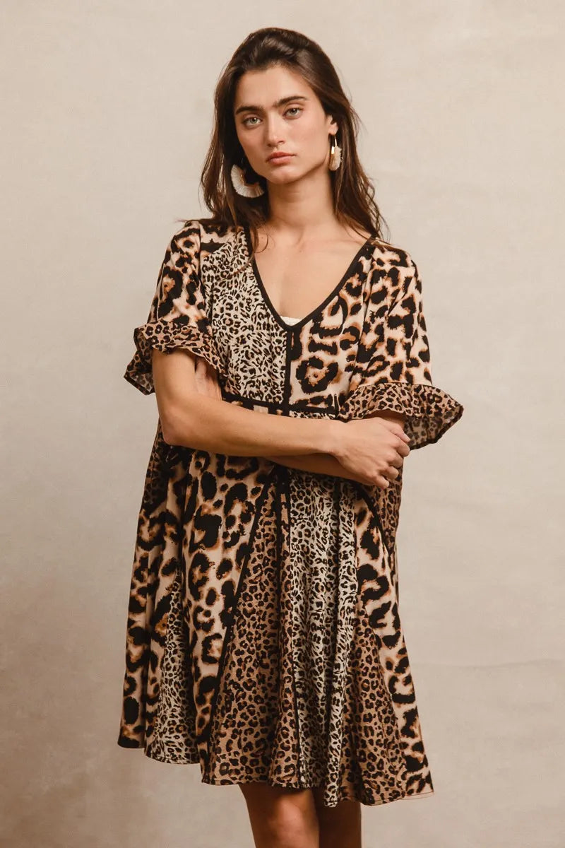 BiBi Leopard Print Mini Dress – V-Neck Flutter Sleeve Belted Fit - NeoKira Unlimited