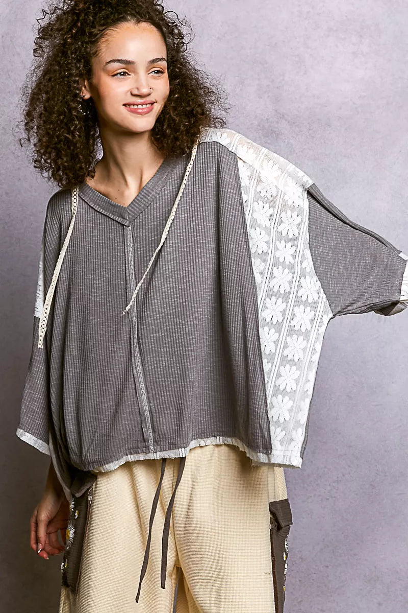 POL Short Sleeve Hoodie Top with Lace Detail Casual Chic - NeoKira Unlimited