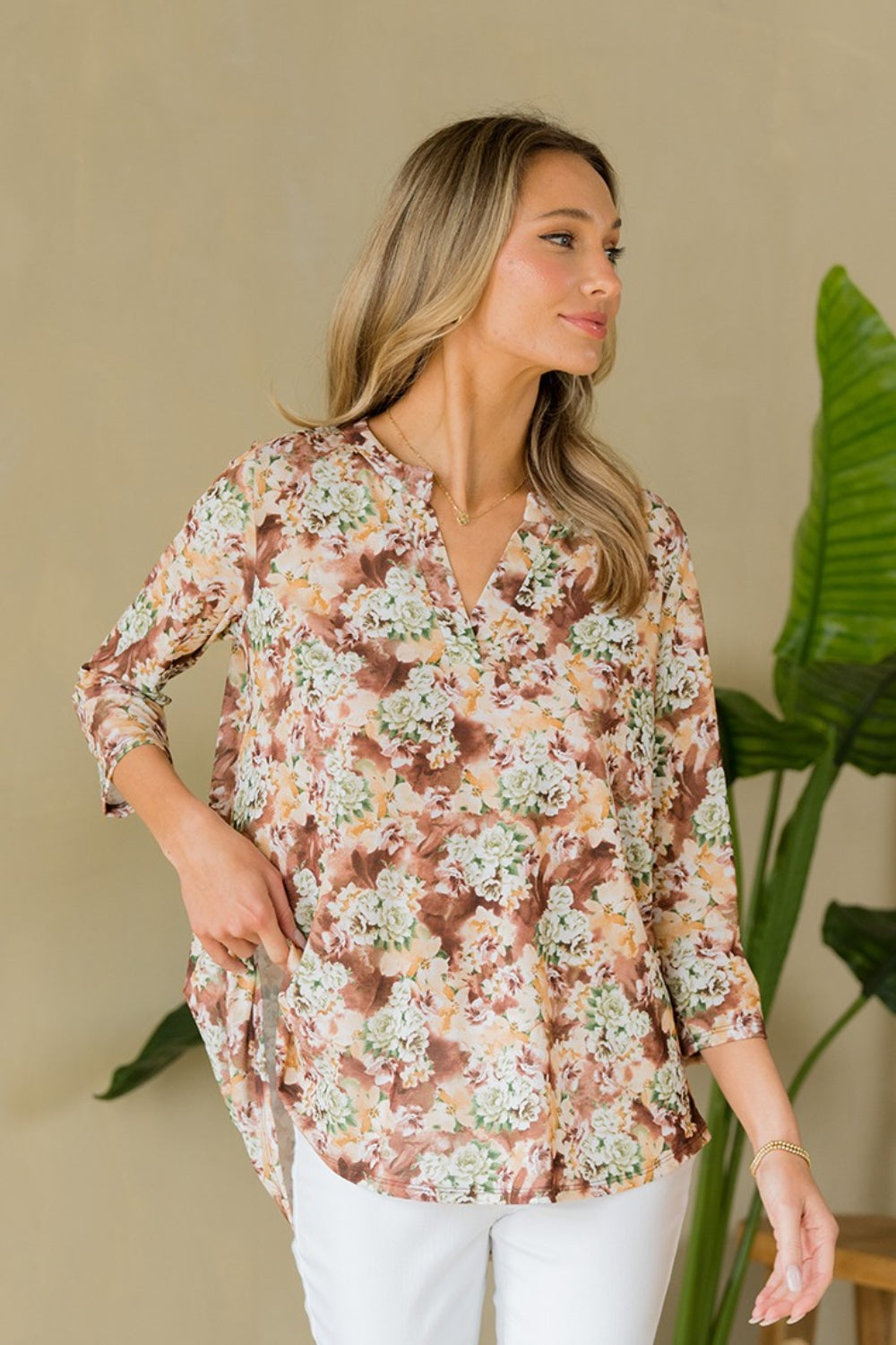 Sew In Love Full Size Wrinkle-Free Floral Notched Top Top Trendsi   