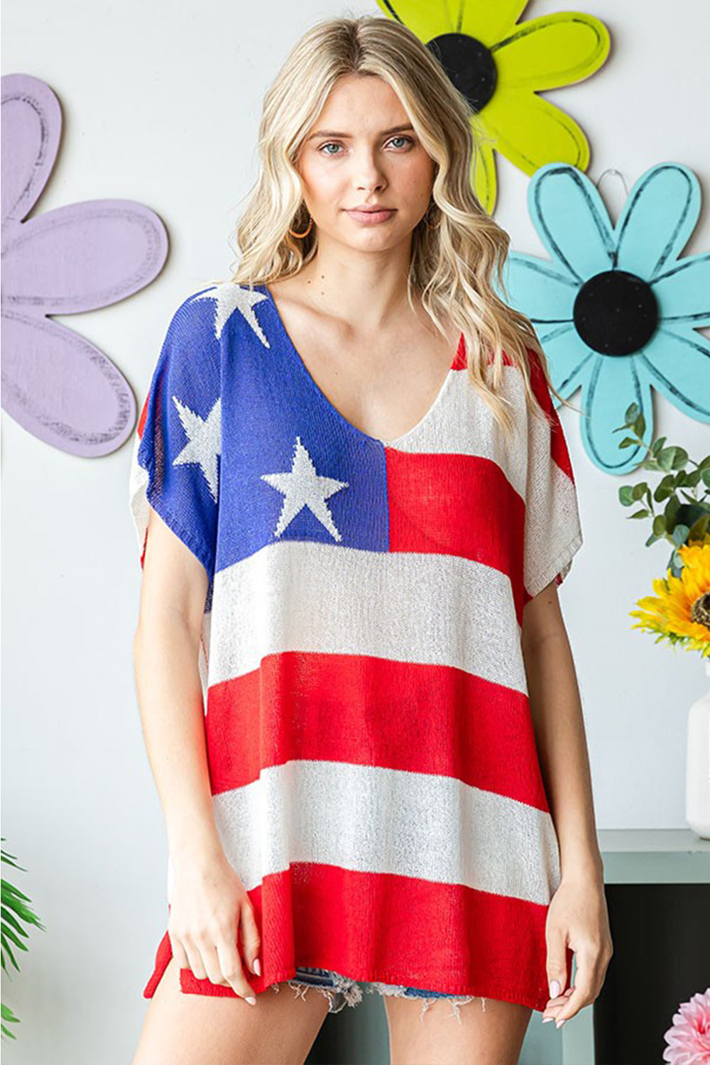 First Love Full Size USA Flag Drop Shoulder Knit Top Top Trendsi   