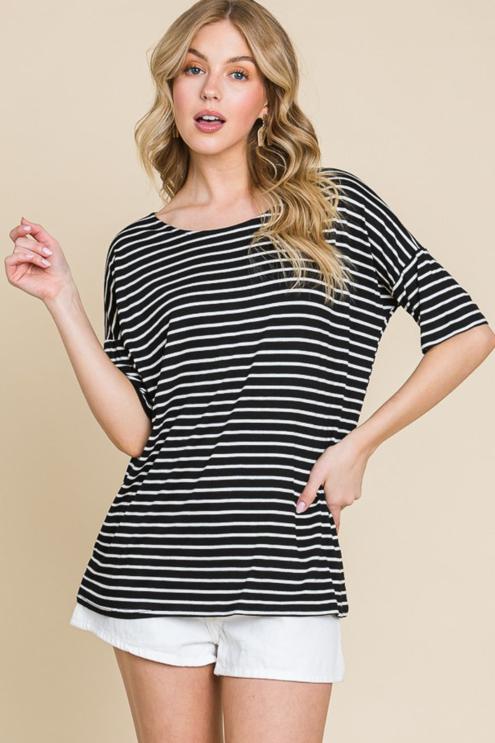 BOMBOM Striped Round Neck T-Shirt T-Shirt Trendsi Black S 