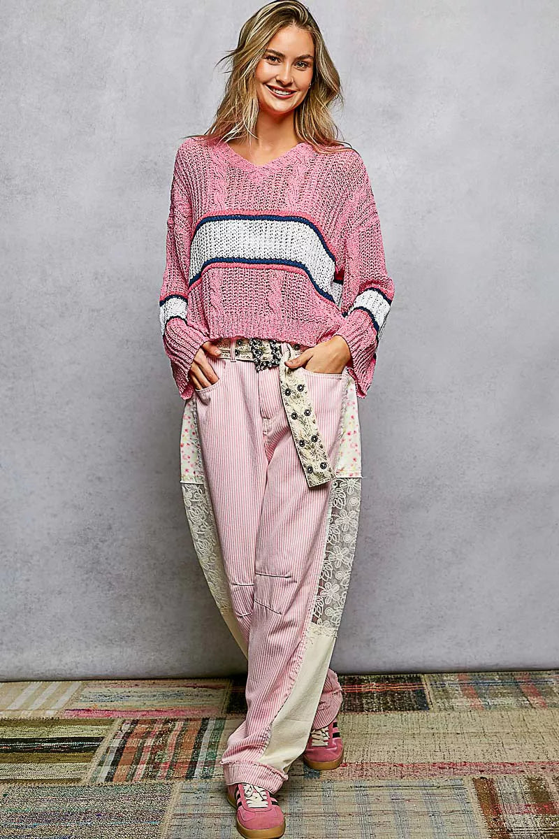 POL V-Neck Striped Cable Knit Cropped Sweater Top Boho Chic - NeoKira Unlimited