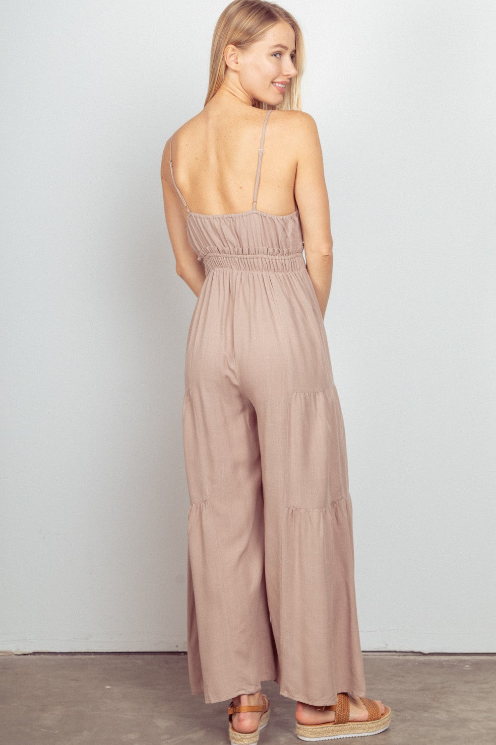 VERY J Sleeveless Ruched Wide Leg Jumpsuit Jumpsuits Trendsi   