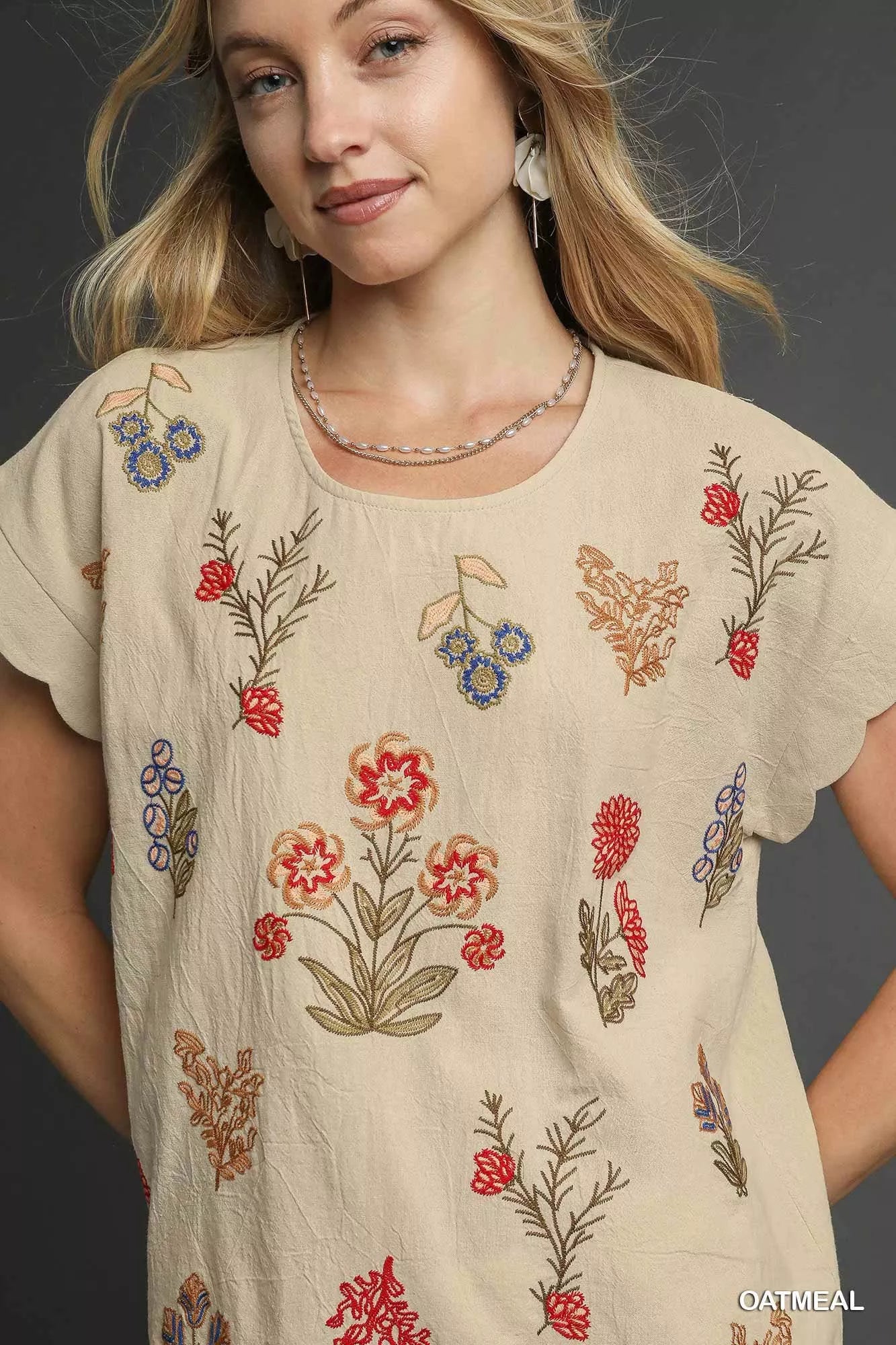Umgee Boho Chic Embroidered Scallop Sleeve Top Drawstring Hem - NeoKira Unlimited