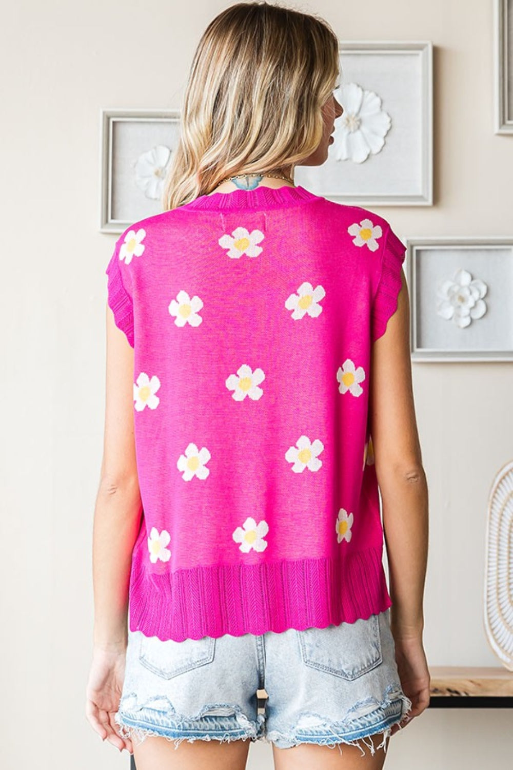 First Love Full Size Flower Pattern Round Neck Sweater Vest - NeoKira Unlimited
