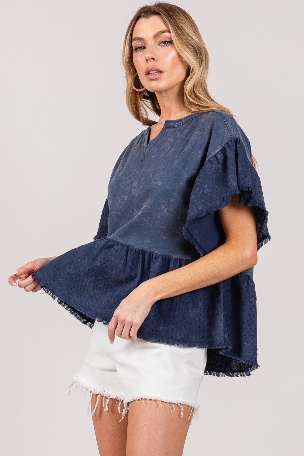 SAGE + FIG Ruffle Sleeve Washed Short Sleeve Blouse Blouse Trendsi   