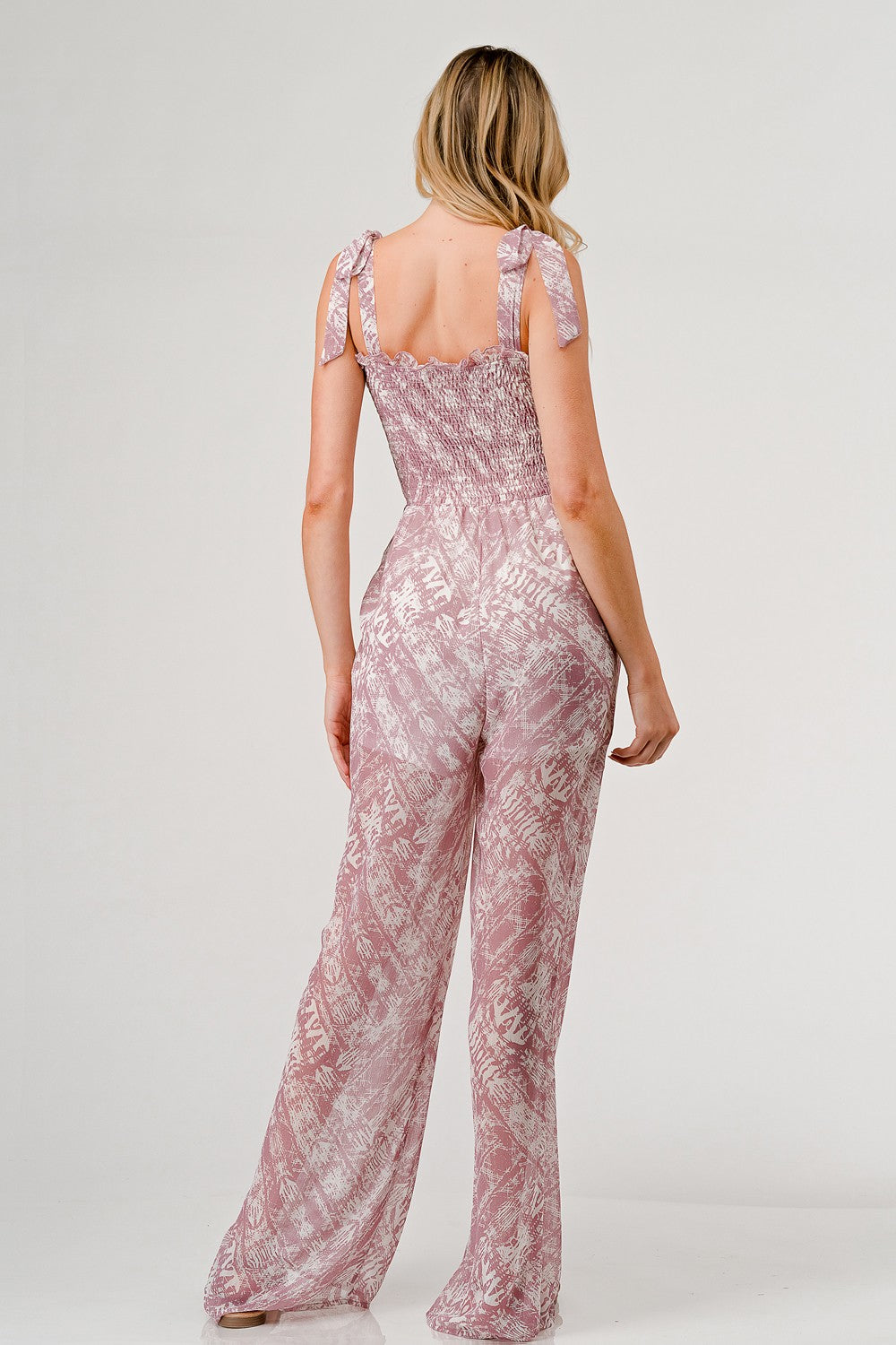 GeeGee Printed Tie Shoulder Wide Leg Jumpsuit - NeoKira Unlimited