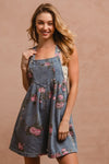 BiBi Flower Printed Wide Strap Denim Overalls - NeoKira Unlimited