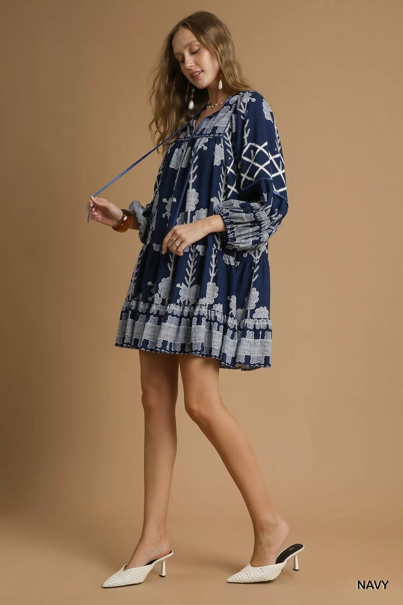 Umgee Tribal Print Dress With Tie Neck Boho Chic - NeoKira Unlimited