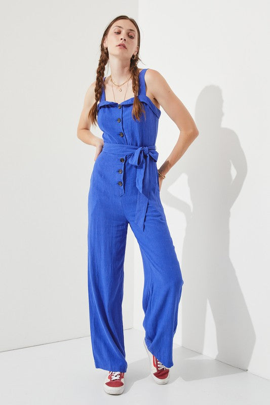 Jade By Jane Boho Luxe Square Neck Belted Jumpsuit | Linen Blend - NeoKira Unlimited