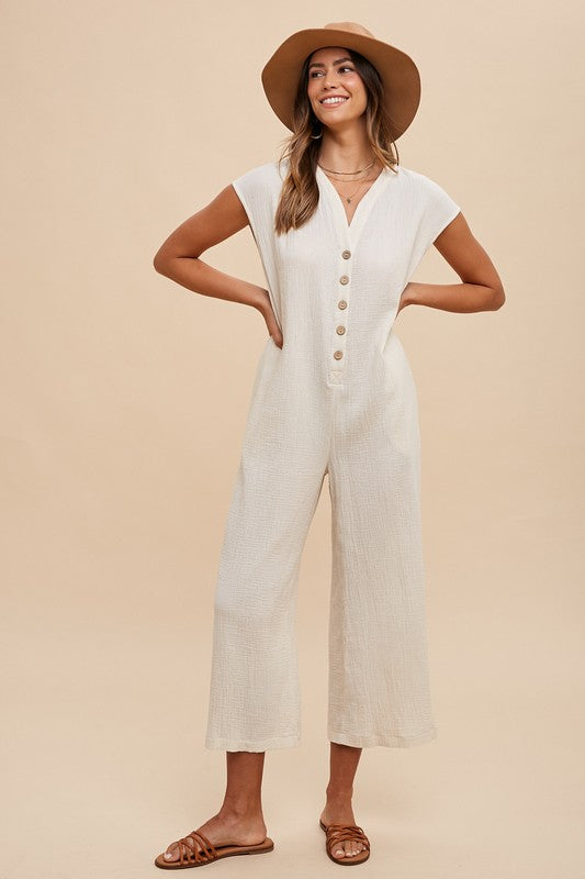 Annie Wear Button Detail Wide Leg Jumpsuit with Pockets - NeoKira Unlimited