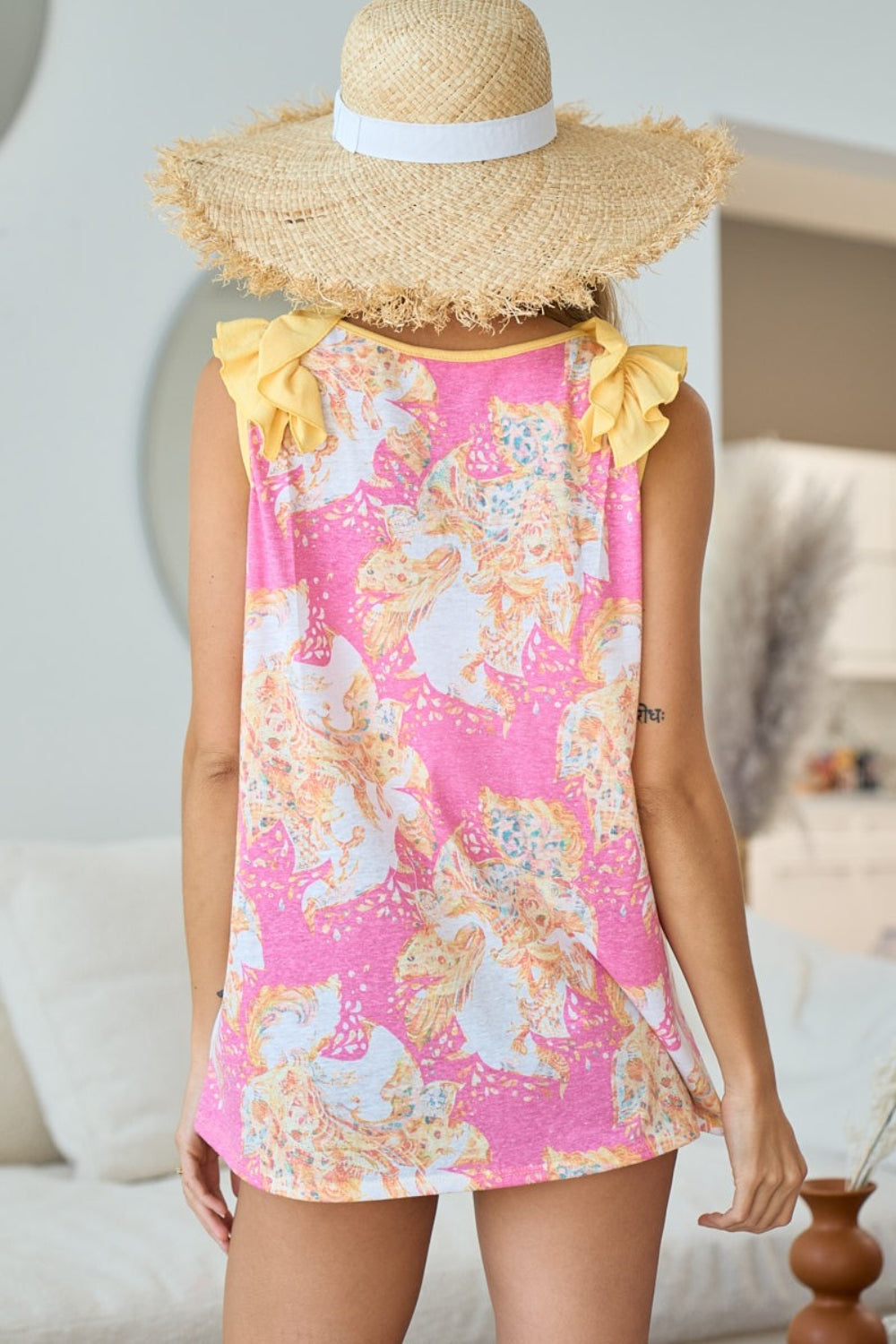 BiBi Printed V Neck Ruffled Tank - NeoKira Unlimited