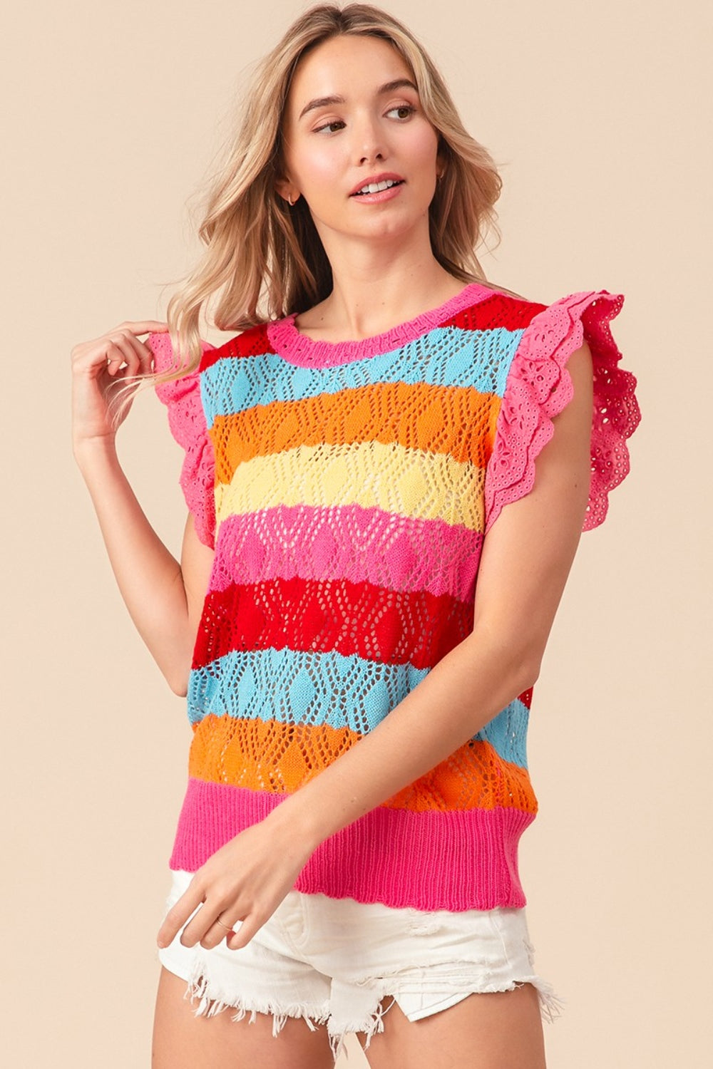BiBi Pointelle Striped Ruffled Knit Top - NeoKira Unlimited