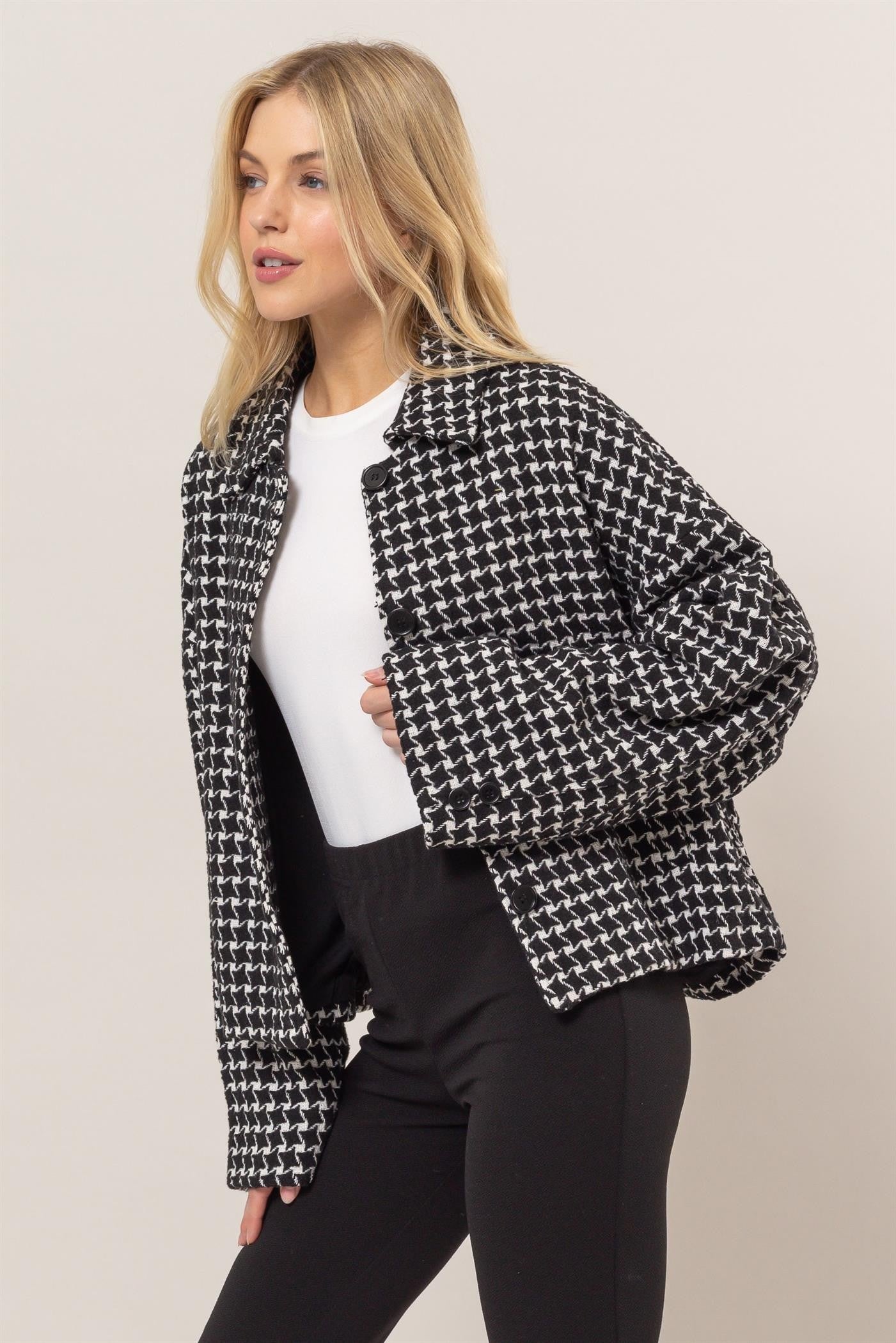 HYFVE Tweed Plaid Button Up Collared Neck Jacket - NeoKira Unlimited