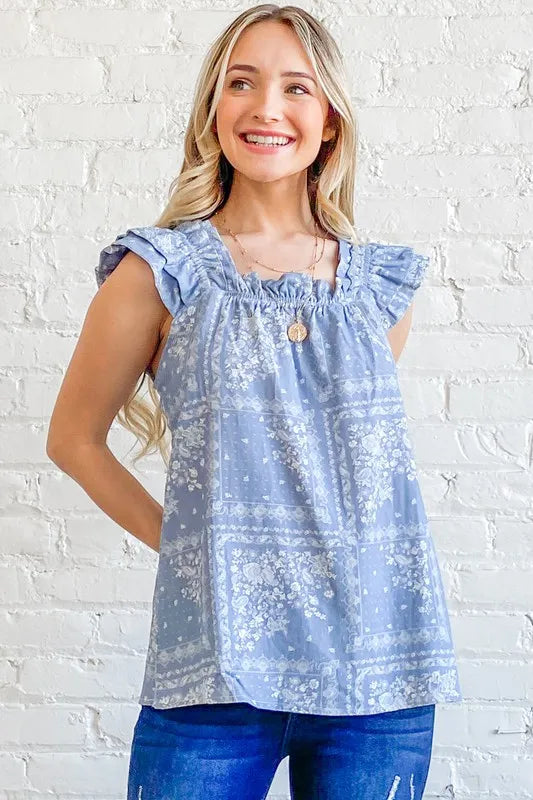And The Why Boho Print Rayon Linen Ruffle Baby Doll Tank Top - NeoKira Unlimited