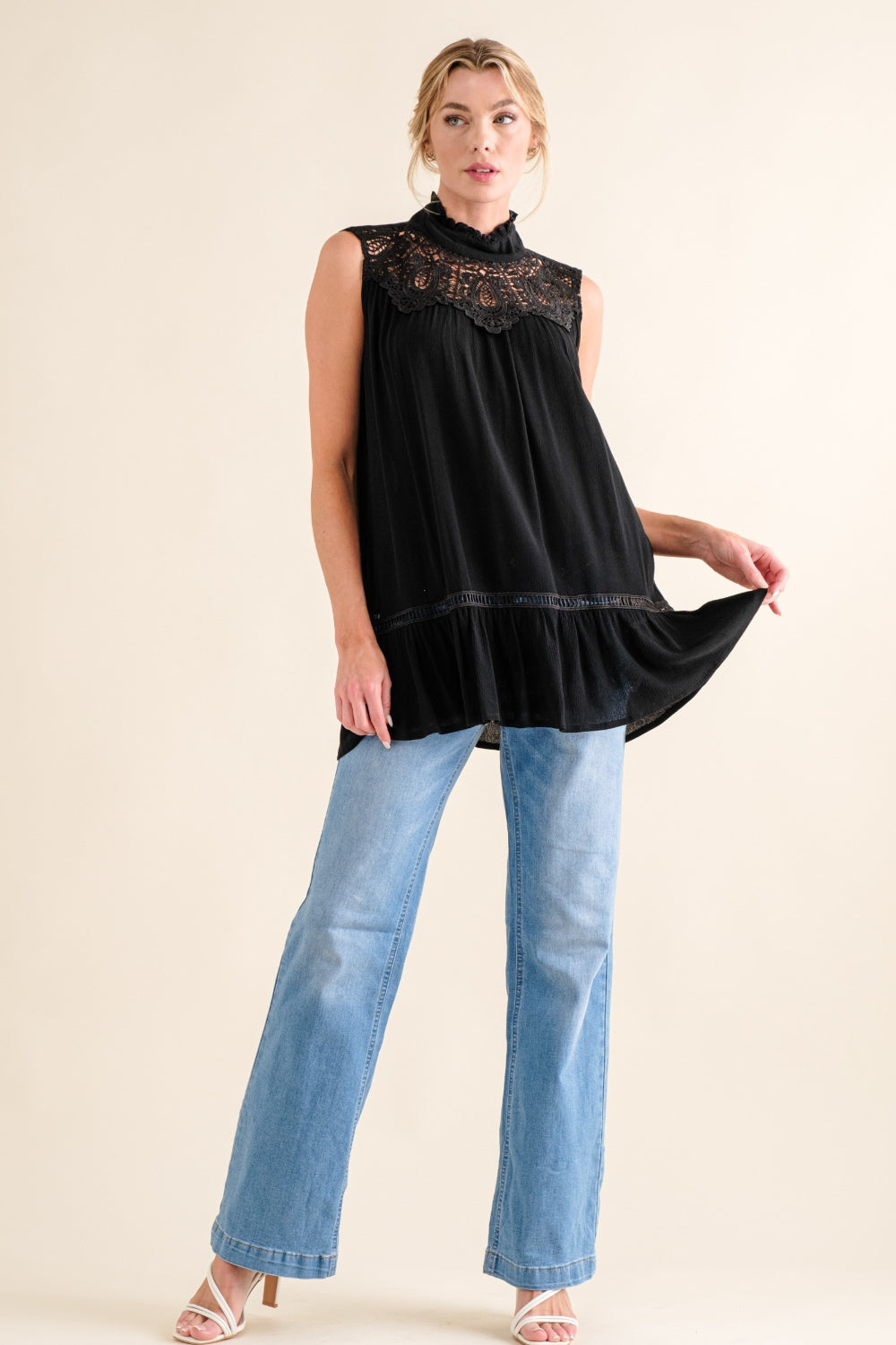 And The Why Lace Detail Sleeveless Ruffled Top - NeoKira Unlimited