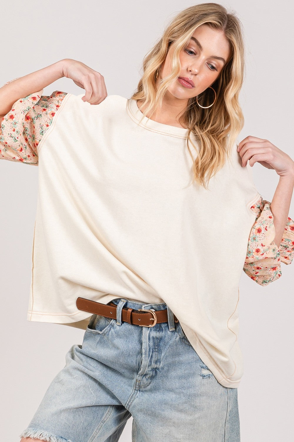 SAGE + FIG Round Neck Bubble Sleeve Oversize Top Top Trendsi   