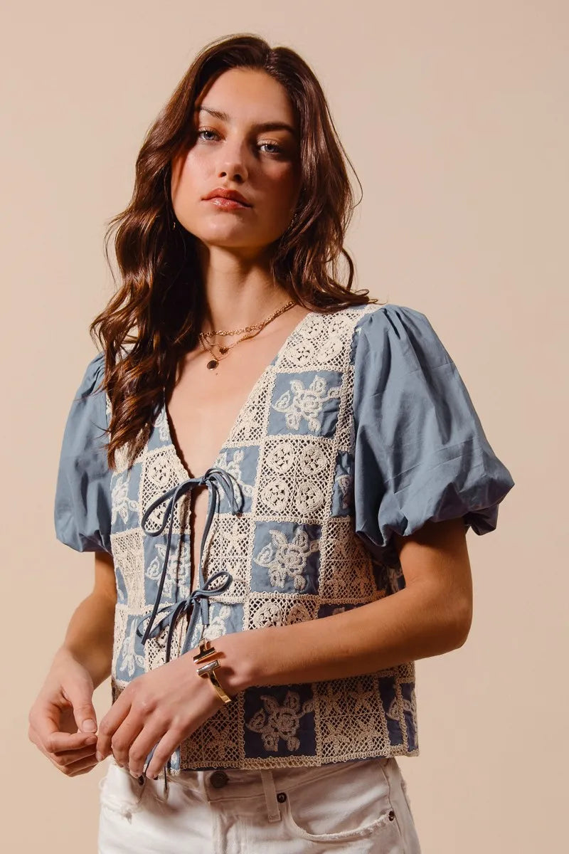 SO ME Boho Patchwork Tie Front Puff Sleeve V Neck Cropped Blouse - NeoKira Unlimited