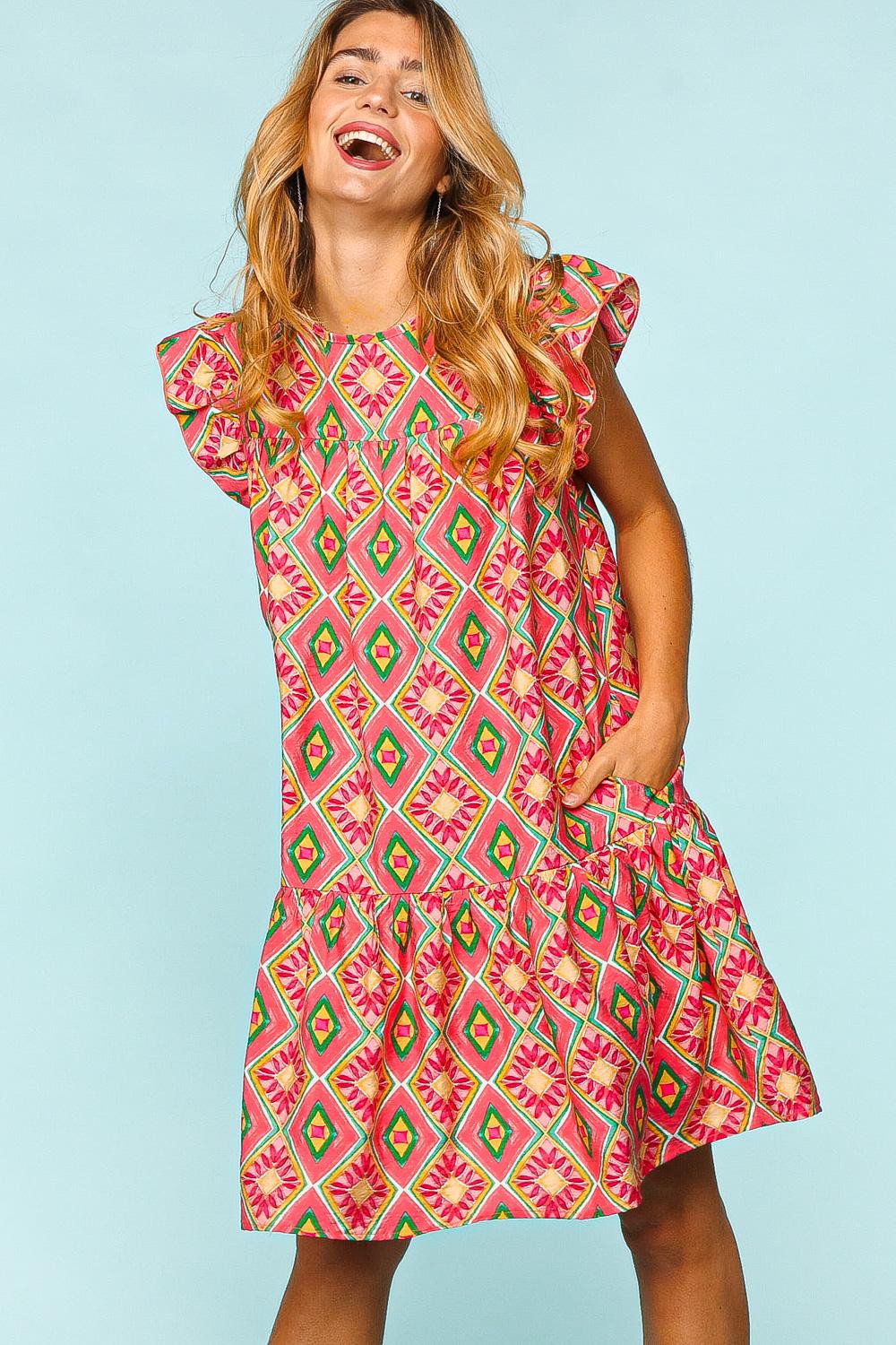 Haptics Full Size Ruffled Printed Dress with Side Pockets - NeoKira Unlimited