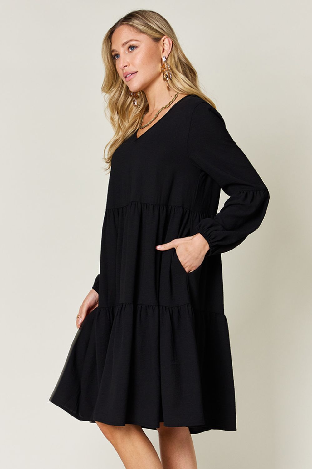 Double Take Full Size V-Neck Balloon Sleeve Tiered Dress - NeoKira Unlimited