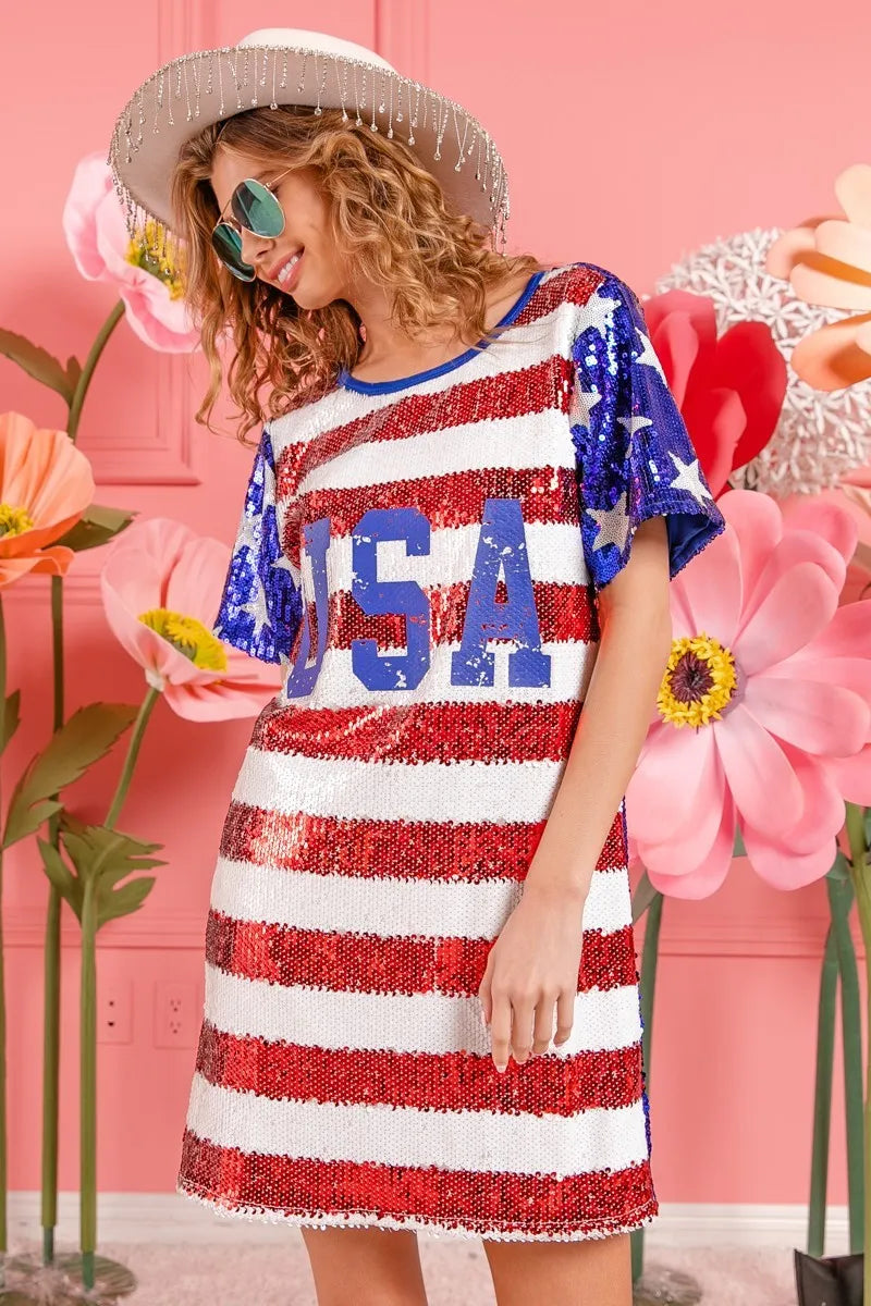 BiBi American Flag Theme Usa Print Sequin Dress - NeoKira Unlimited