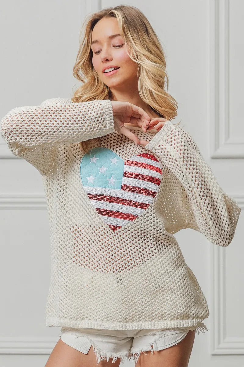 BiBi Sequin American Flag Heart Knit Up - NeoKira Unlimited