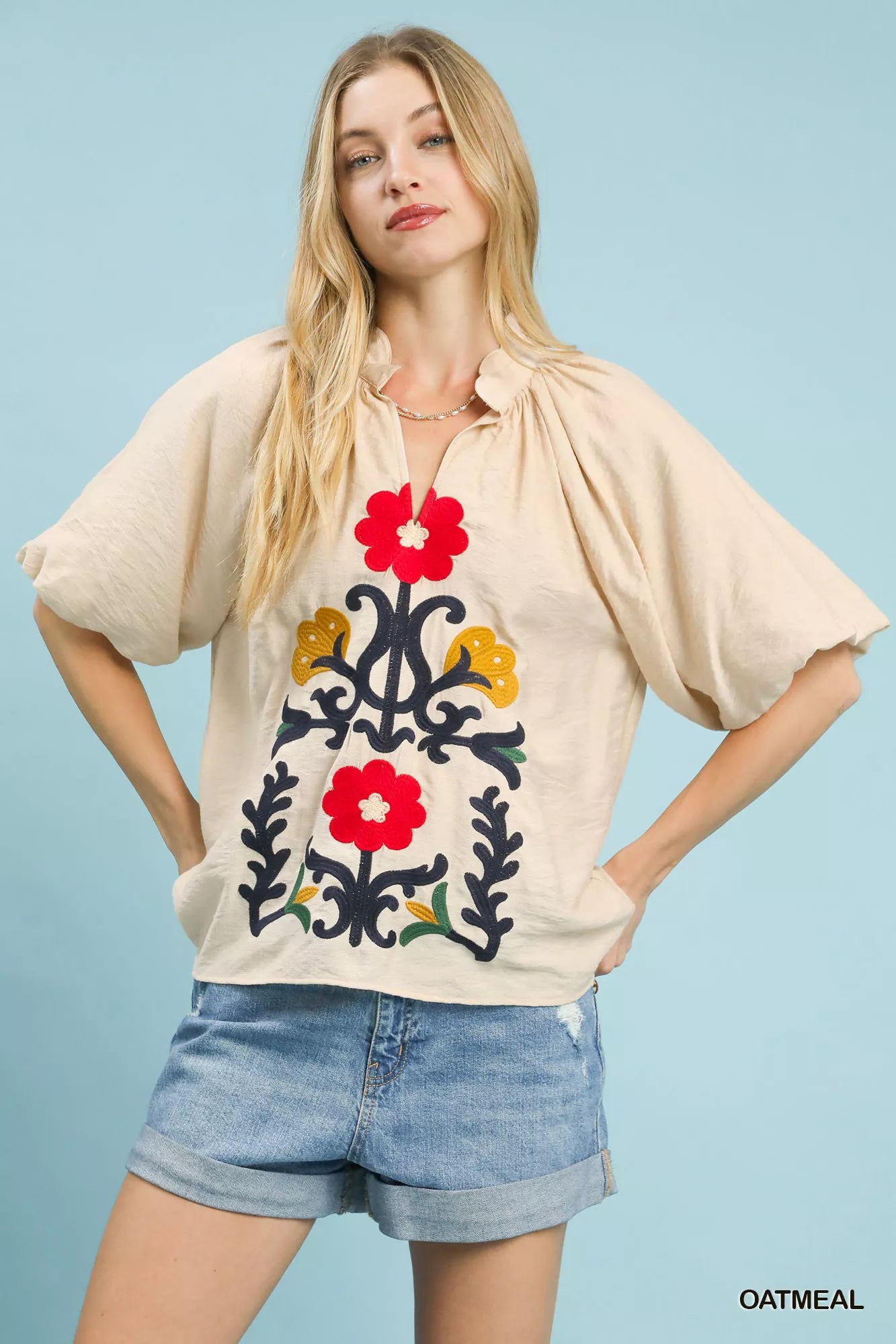 Umgee Embroidered Boho Puff Sleeve Blouse - NeoKira Unlimited