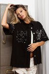 BiBi Sequin Detail Raw Hem Short Sleeve Shirt Shirt Trendsi   