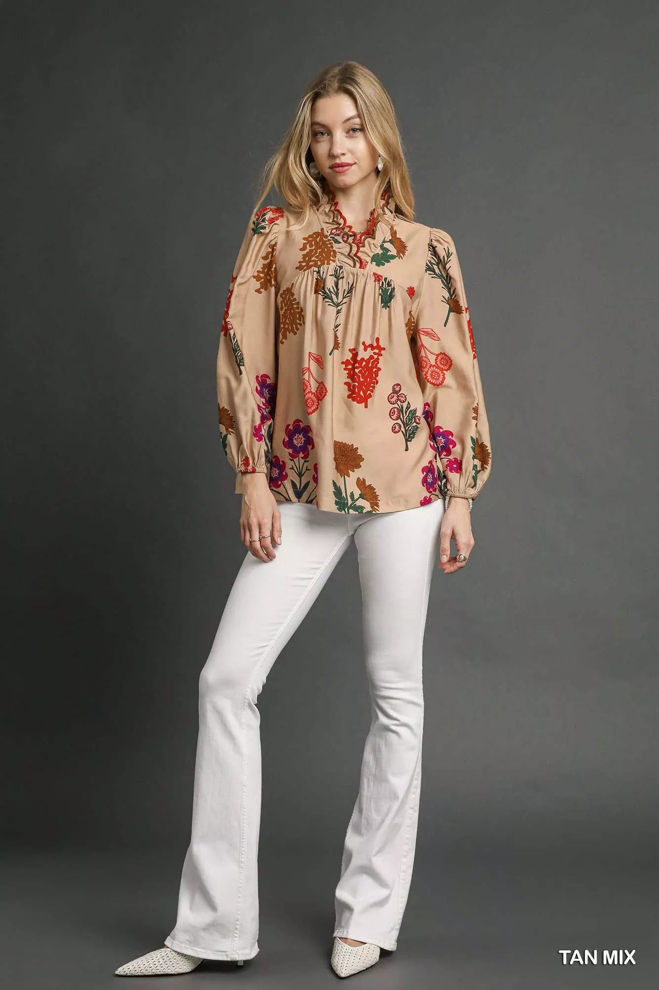 Umgee Flower Print Blouse with Scalloped Neckline Boho Chic - NeoKira Unlimited