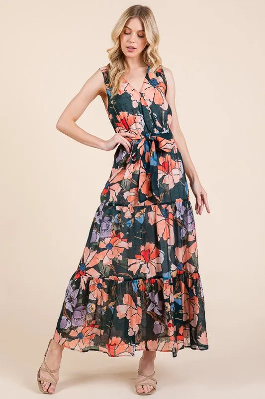 Lime 'N' Chili Floral Print Sleeveless Tie Waist Maxi Dress Feminine Flowing - NeoKira Unlimited
