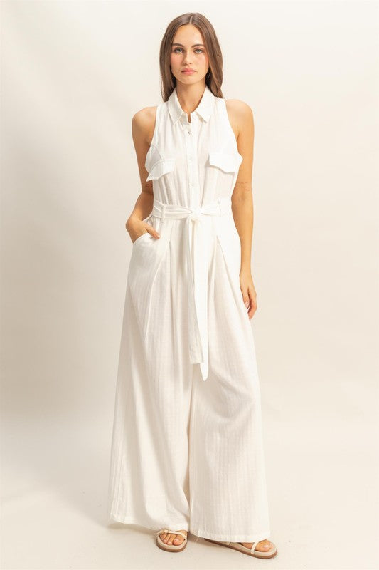 HYFVE Sleeveless Tie Waist Wide Leg Jumpsuit - NeoKira Unlimited