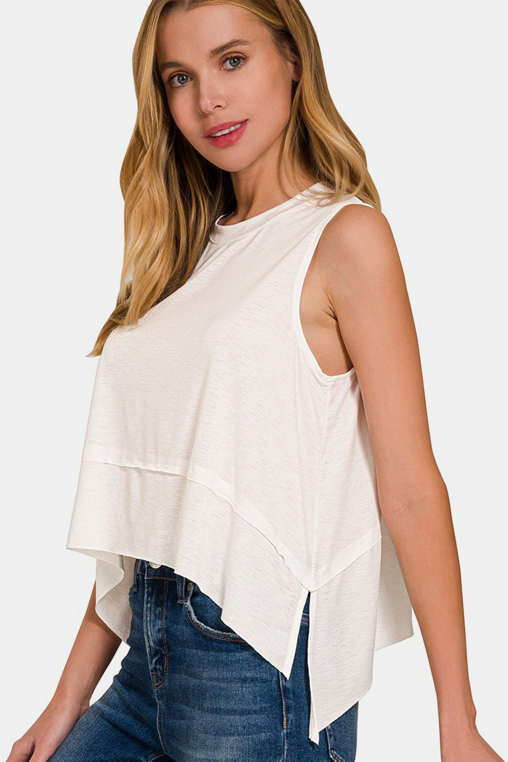 Zenana Slit High-Low Round Neck Tank Top Trendsi Ivory S 