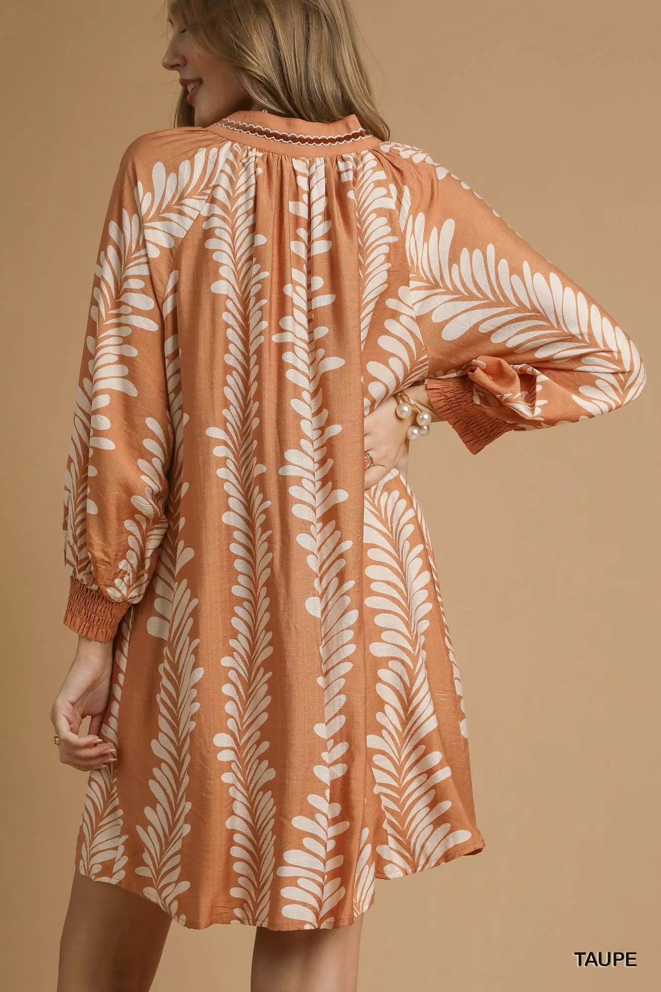 Umgee Leaf Print Notched Mini Babydoll Dress | Boho Chic Casual Outfit - NeoKira Unlimited