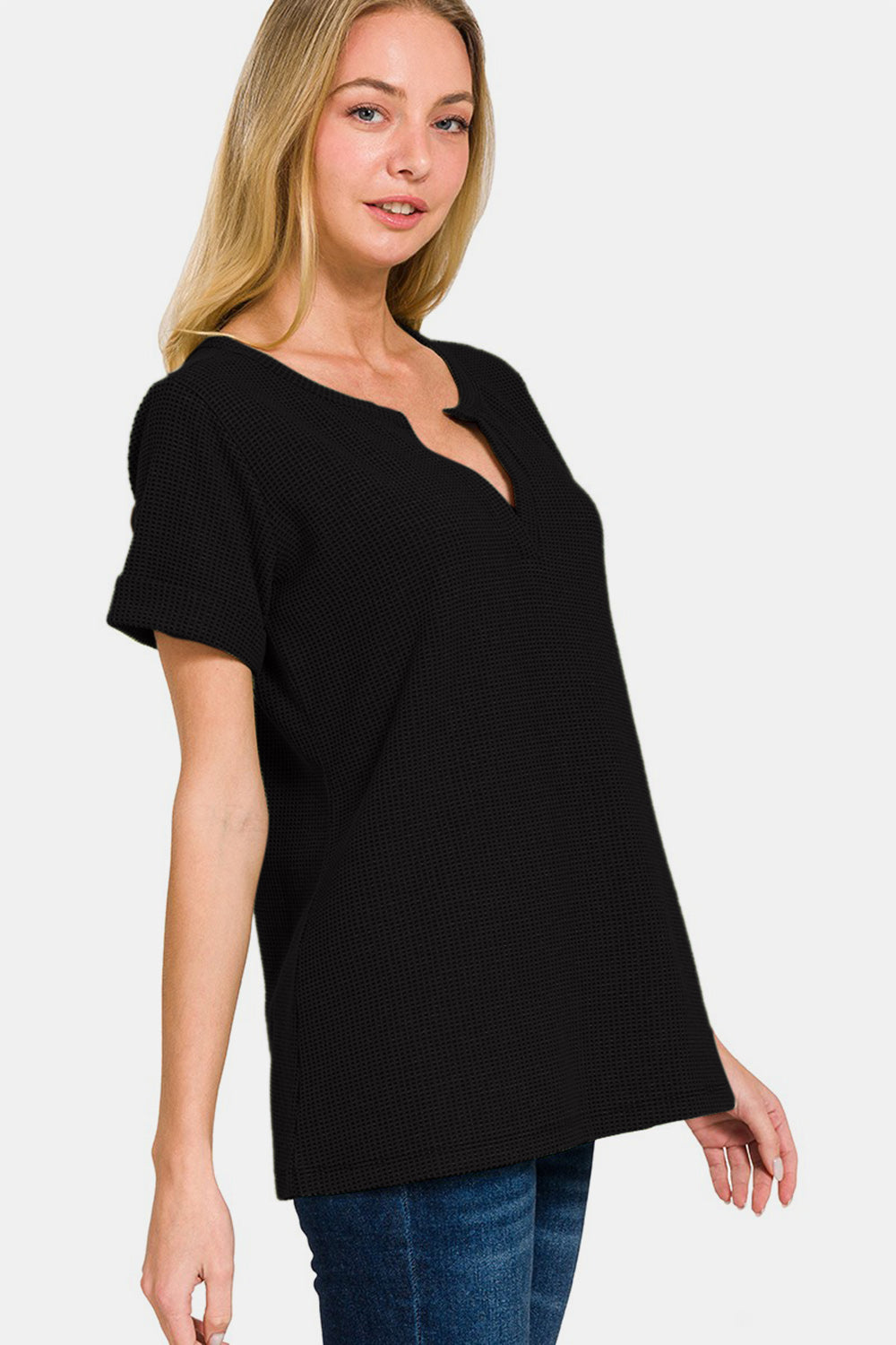 Zenana Notched Short Sleeve Waffle T-Shirt T-Shirt Trendsi   