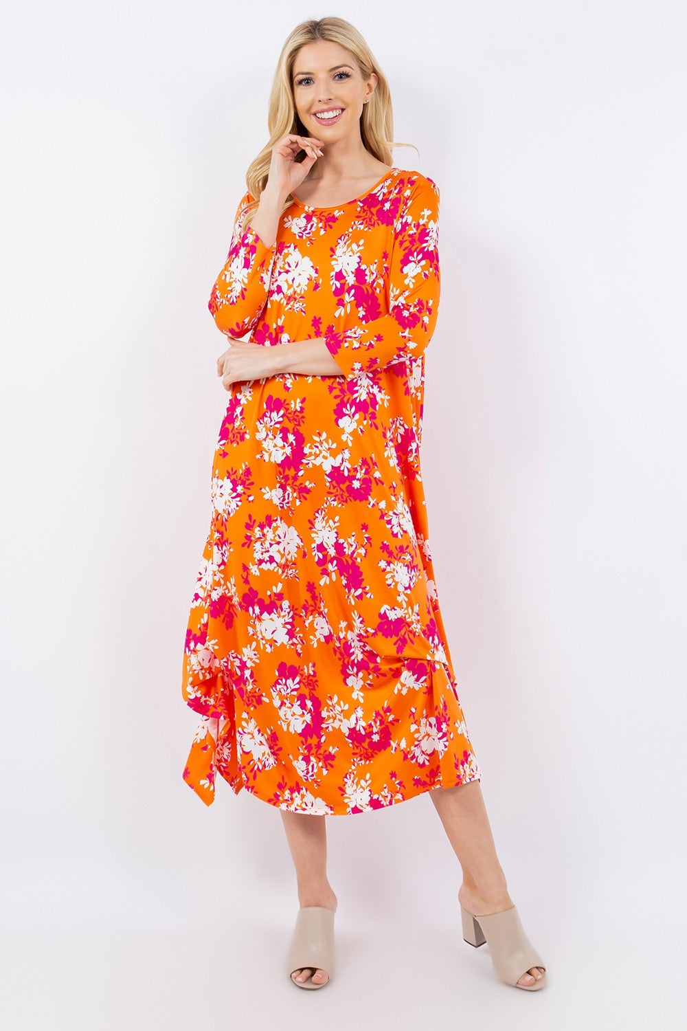 Celeste Full Size Pick-Up Hem Asymmetric Floral Midi Dress Midi Dress Trendsi Orange Floral S 