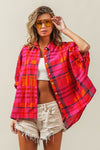 BiBi Button Up Dolman Sleeve Plaid Shirt Shirt Trendsi Fuchsia Multi S 