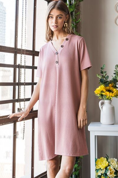 Heimish Full Size Solid Ribbed Mini Dress with Button Plus Size - NeoKira Unlimited