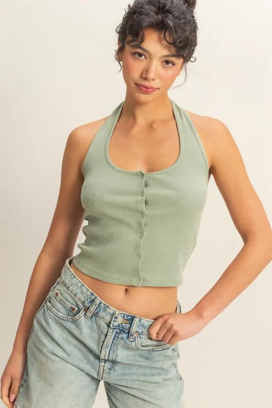 HYFVE Halter Neck Buttoned Washed Top - NeoKira Unlimited