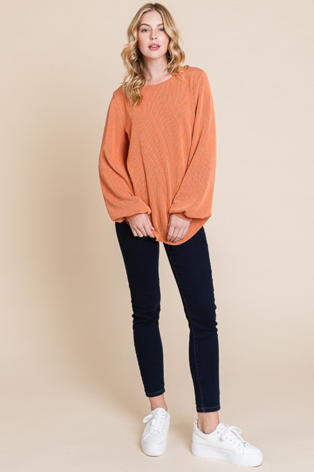 BOMBOM Long Sleeve Curved Hem Ribbed T-Shirt T-Shirt Trendsi   