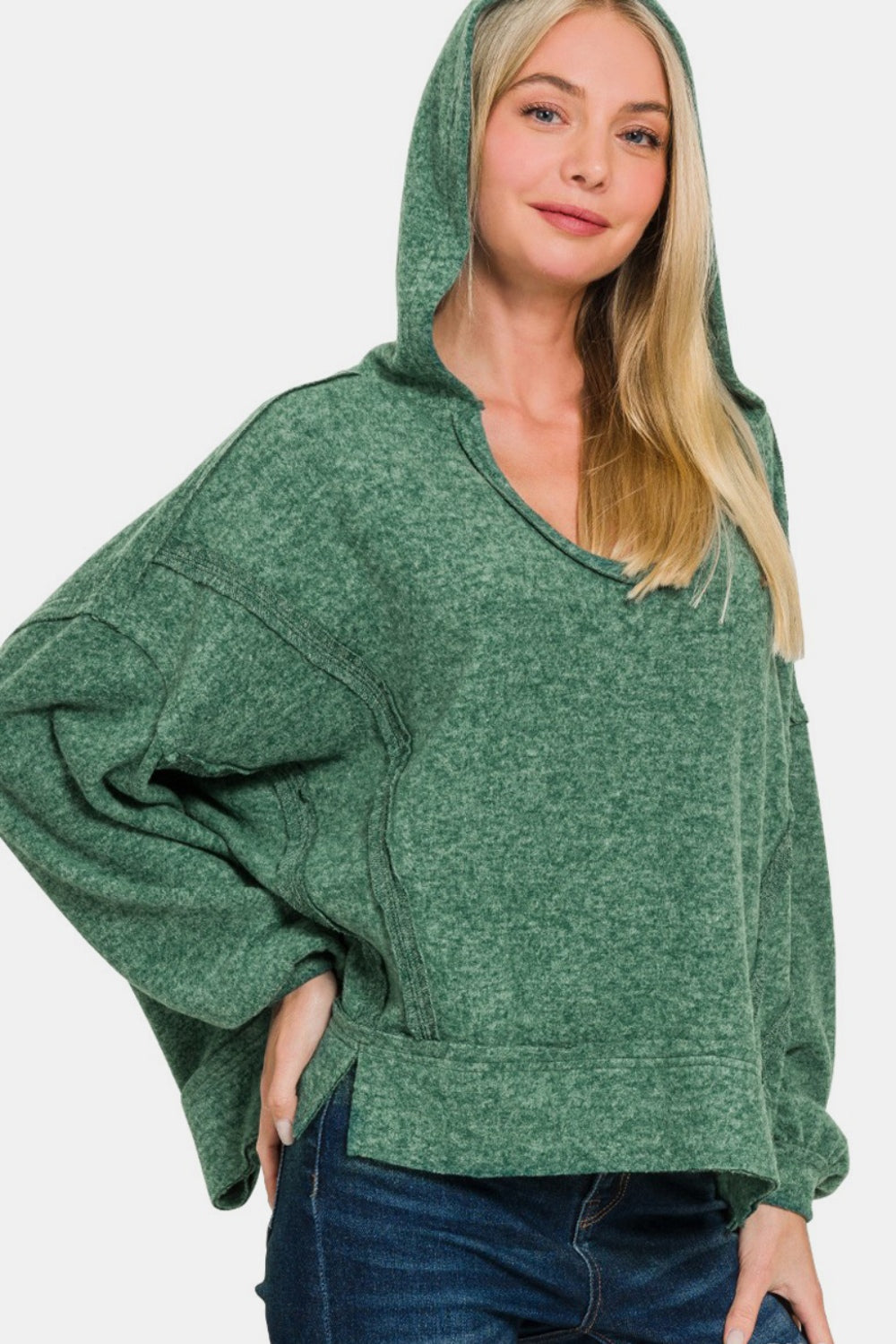 Zenana Brushed Hacci Exposed Seam Hoodie Hoodie Trendsi DK Green S/M 