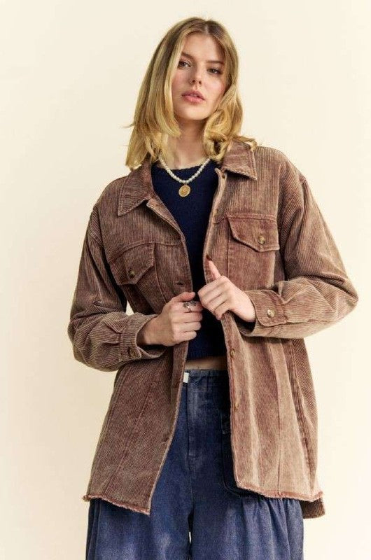 Davi & Dani Washed Corduroy Raw Hem Button Up Jacket - NeoKira Unlimited