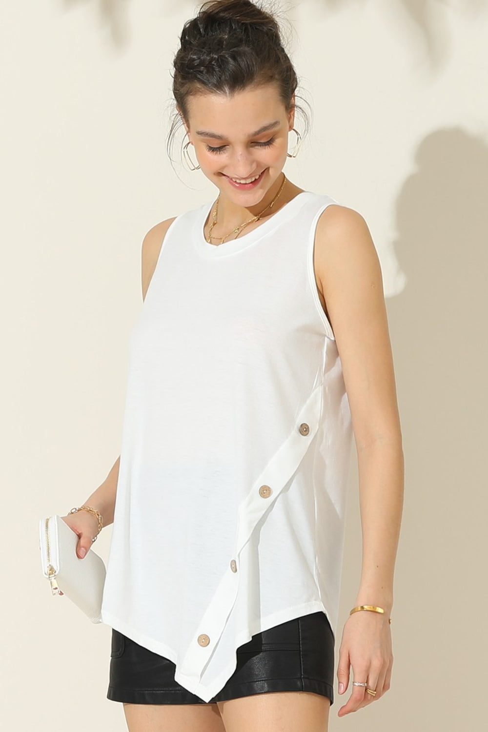 Ninexis Round Neck Button Side Tank Tank Top Trendsi   