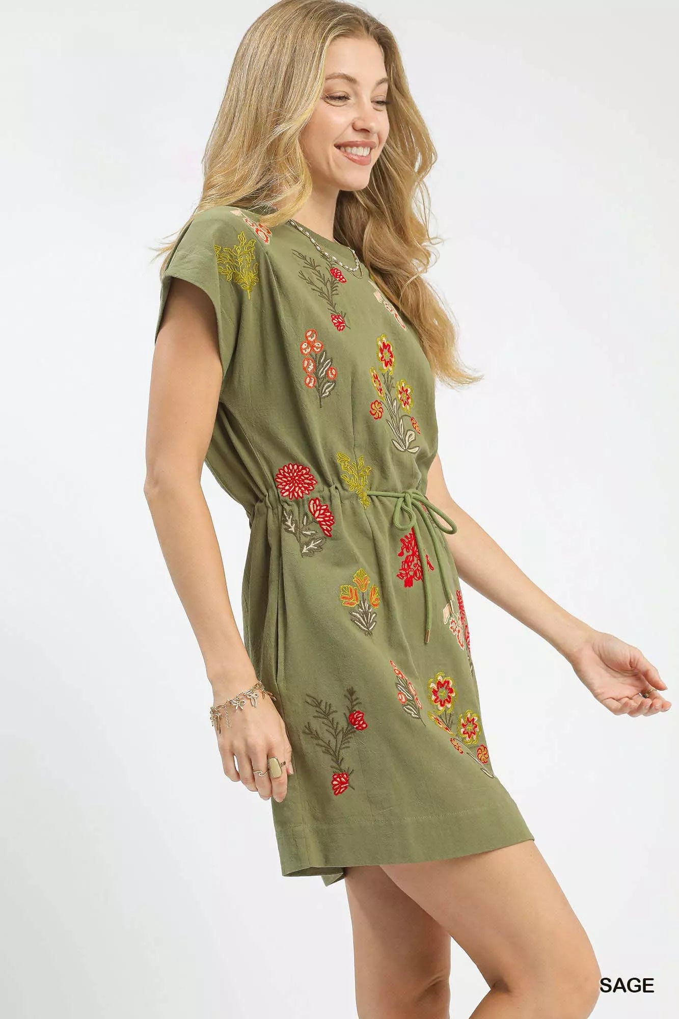 Umgee Embroidered Floral Mini Dress with Waist Tie - NeoKira Unlimited