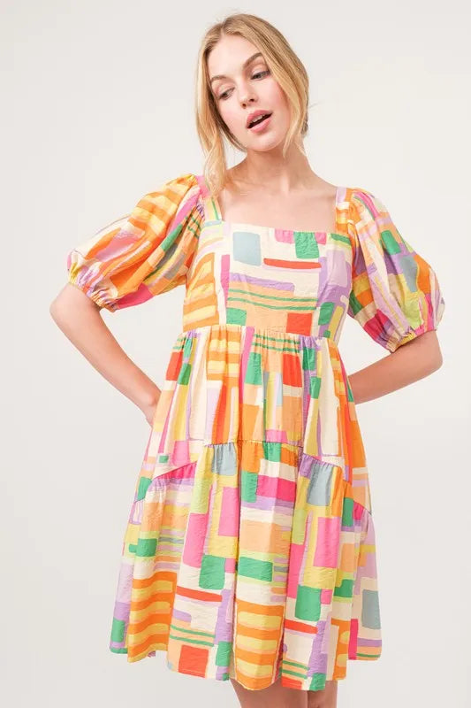And The Why Square Neck Puff Sleeve Geo Printed Mini Dress - NeoKira Unlimited