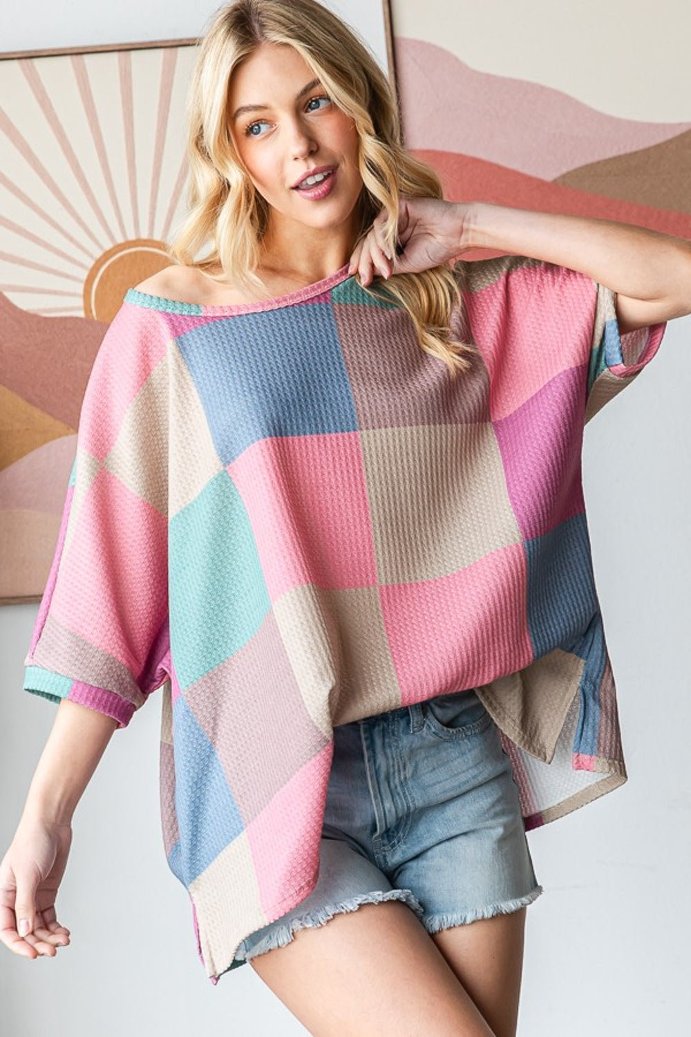 HOPELY Full Size Checkered Round Neck Side Slit T-Shirt - NeoKira Unlimited