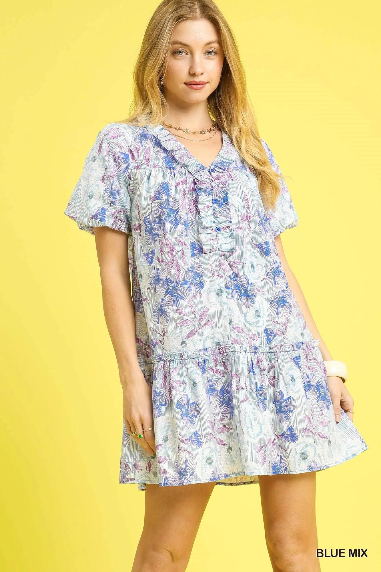 Umgee Floral Puff Sleeve Ruffled Mini Dress Whimsical Romantic Style - NeoKira Unlimited